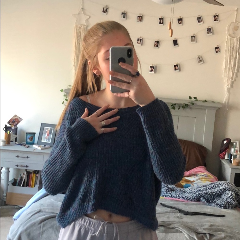 cropped knitted blue express sweater